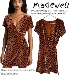 Madewell Velvet Wrap Dress in Leopard Dot burnt orange & black mini dress xs
